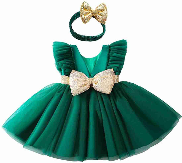 BABY PROUD GREEN COLOR FROCK WITH HAIR BAND